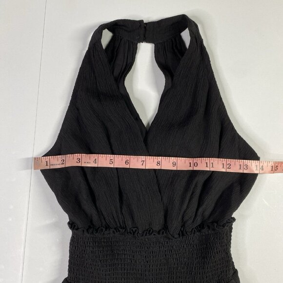 By Anthropologie Jumpsuit Womens XS Black Wide Leg Smocked Halter Keyhole V-Neck - Picture 12 of 16